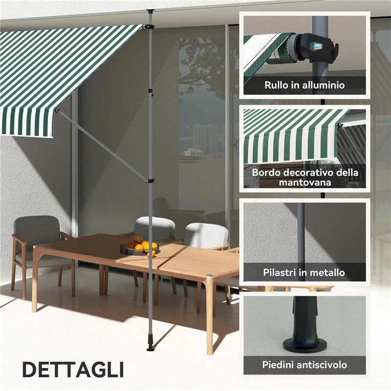 TENDA DA SOLE 2X1.2 M CON SUPPORTI REGOLABILI E MANOVELLA IN ALLUMINIO METALLO E POLIESTERE VERDE E BIANCO