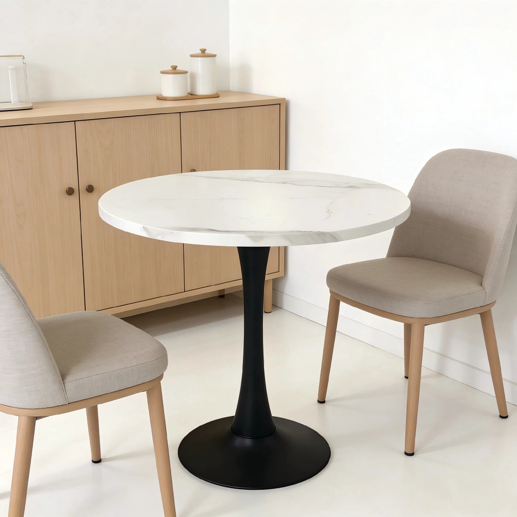 Tavolo da pranzo rotondo moderno per 2-4 persone con base centrale, in MDF e metallo, bianco e nero, diametro 80 cm