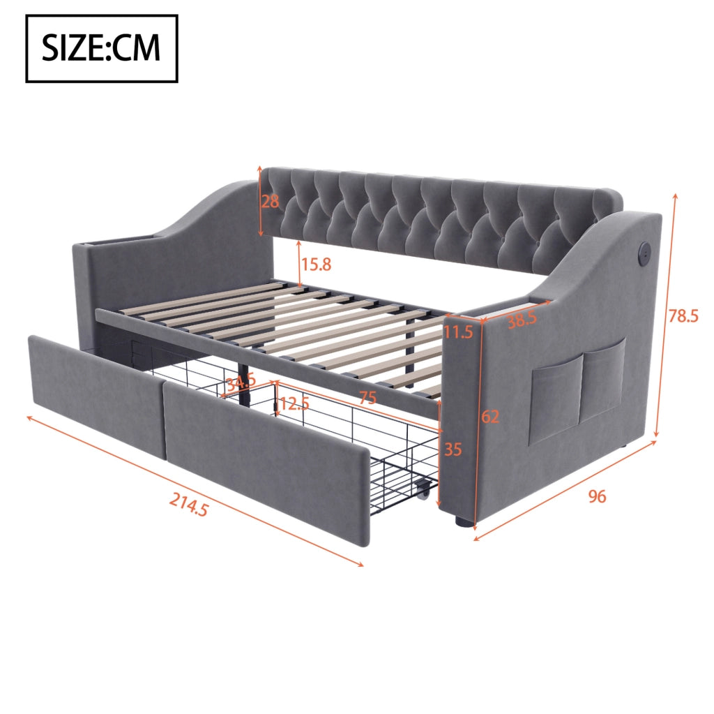 Divano letto imbottito 90x190 cm in velluto grigio con contenitore; USB e USB-C