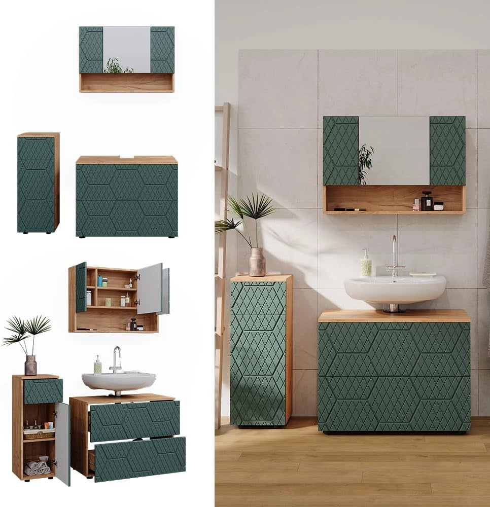 Set mobili bagno Irma, Quercia verde/oro, 3 pezzi, con cassettiera e mobile midi