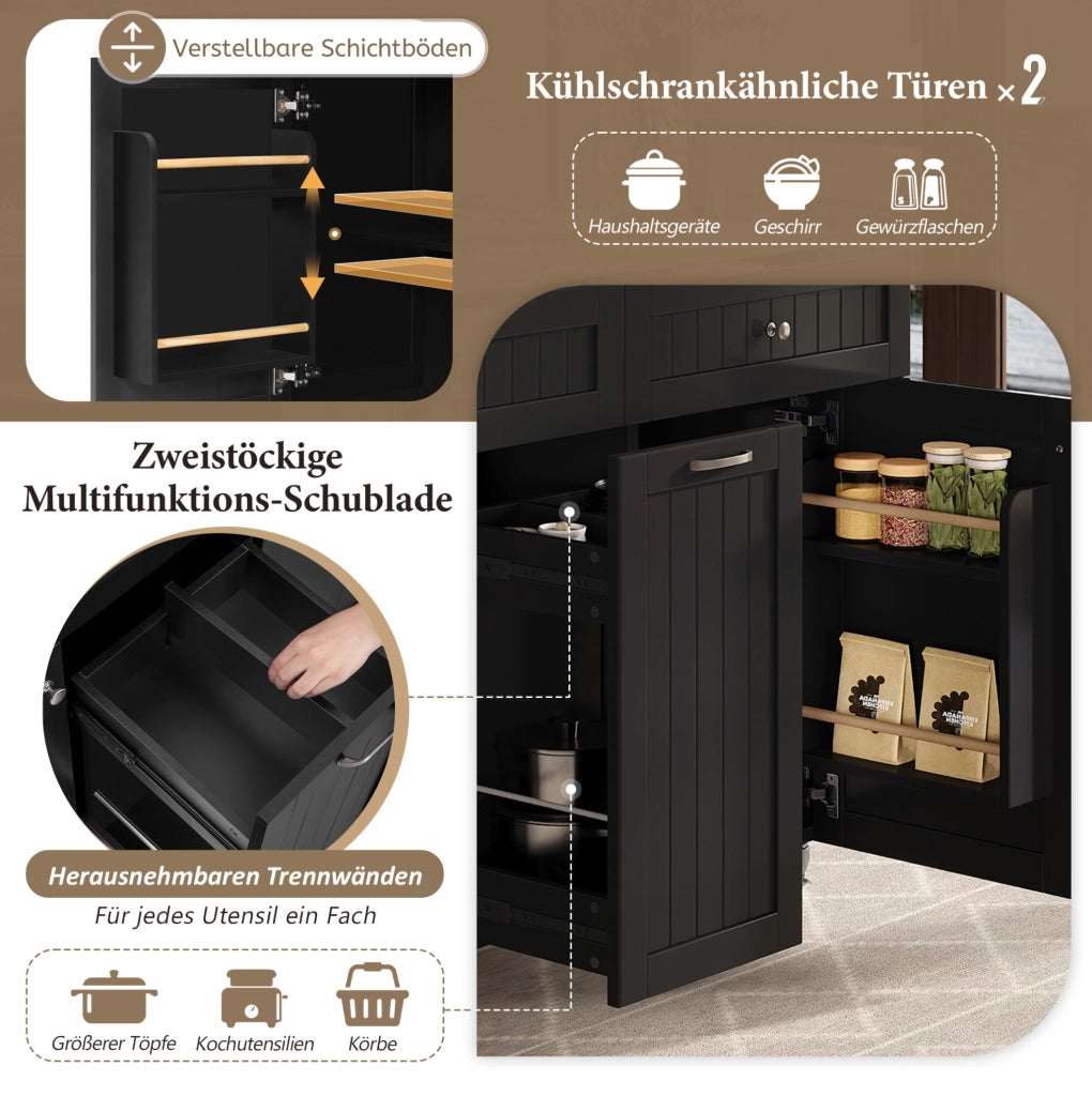 Isola da cucina mobile con piano estraibile e pieghevole; MDF; nero e naturale
