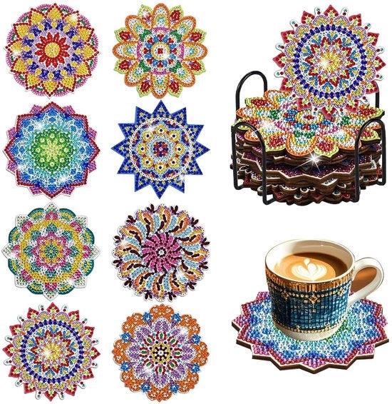 Pittura con Diamanti per Adulti - Set di 8 Supporti Antiscivolo per Mandala con Alloggiamento, Kit di Ricamo per Decorazione DIY