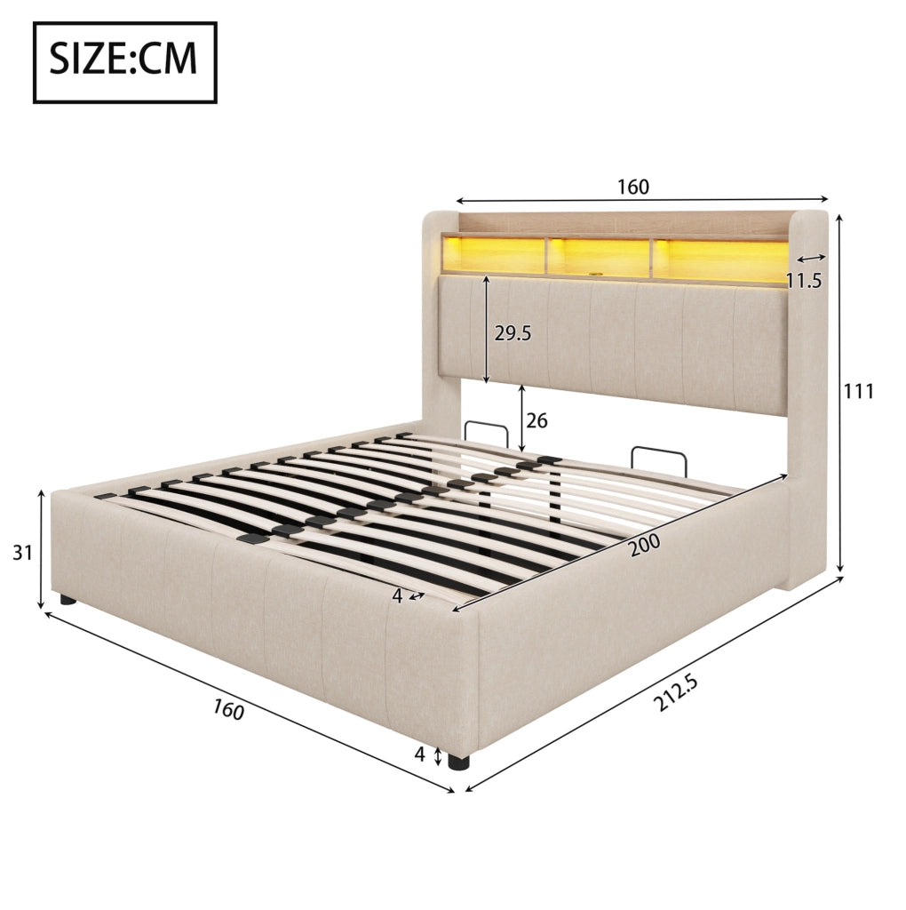Letto imbottito 160x200 cm con LED, USB/Type-C e vano contenitore