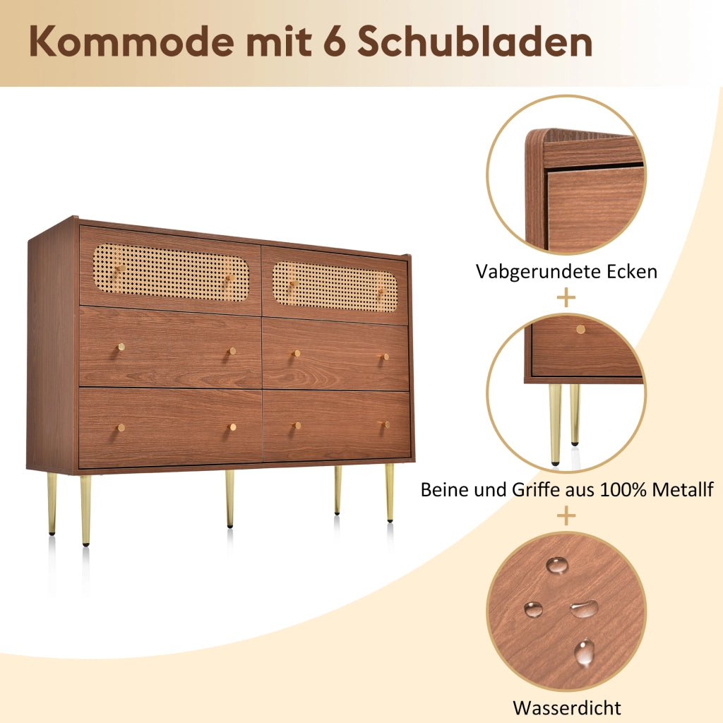 Comò a 6 cassetti effetto noce con dettagli in rattan; 120x40x90 cm; legno e metallo