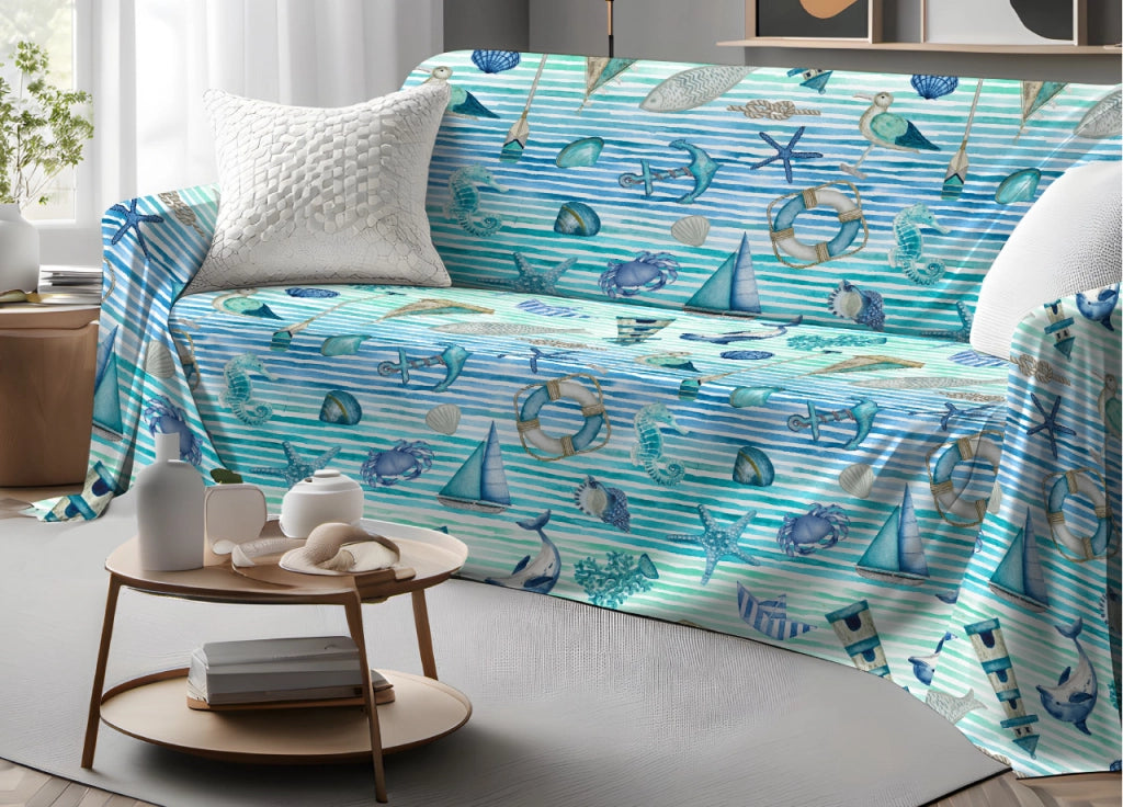 Telo Arredo Granfoulard Copritutto Salvadivano 100% Cotone Dis. Mare - Singolo - Azzurro