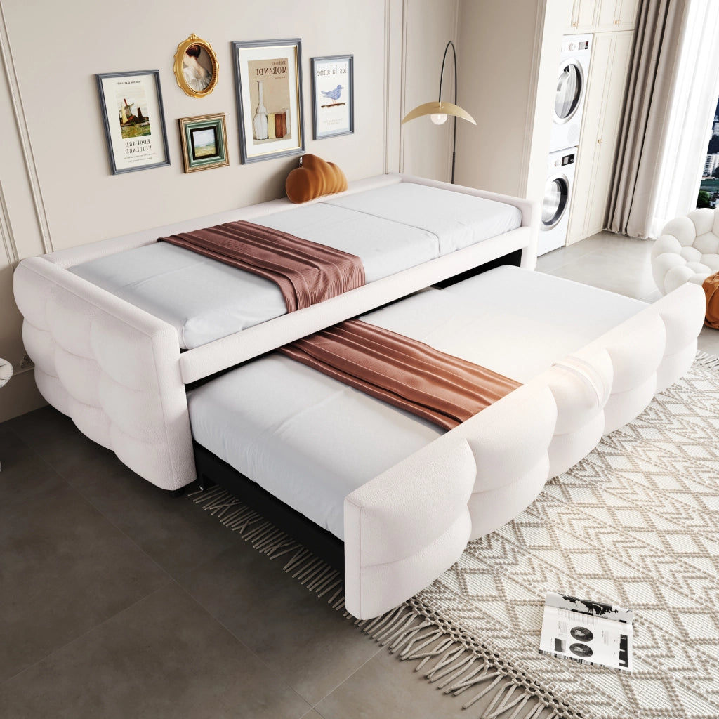 Letto imbottito combinato estraibile 90/180 x 190 cm in Teddy, beige, con rete a doghe, senza materasso