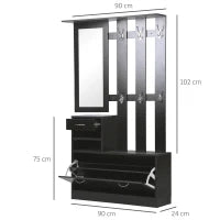 Mobile da Ingresso Appendiabiti con Scarpiera e Specchio, in Truciolato, 90x10x102 cm, Nero
