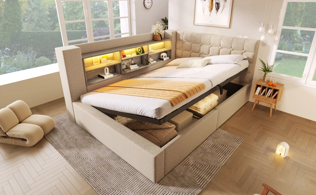 DESMIU Letto contenitore 140 × 200 cm 2 posti con LED, USB e Type-C, vano idraulico, senza materasso, beige