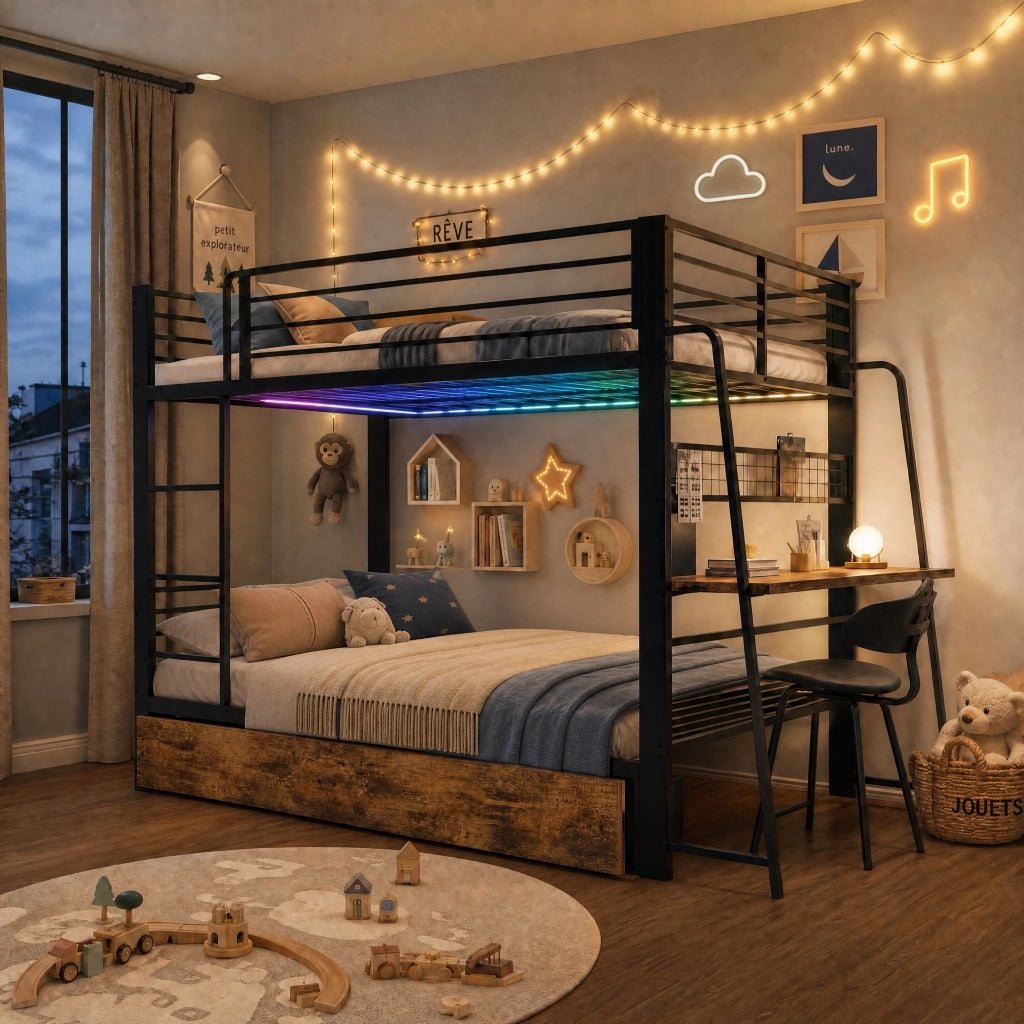 Letto a soppalco 140 × 200 cm con scrivania, 2 cassetti, LED RGB, presa USB e Type-C, senza materasso, nero