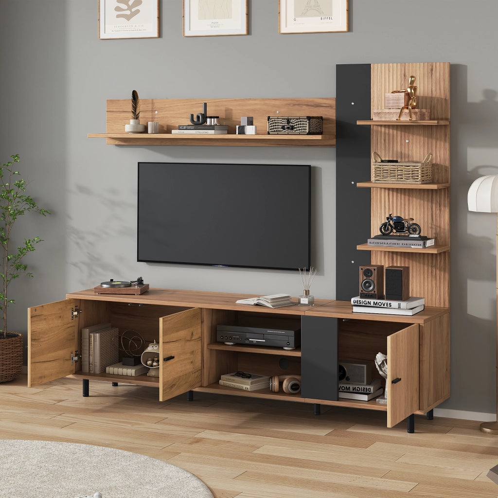 Mobile porta TV con 3 armadi e ripiani aperti in legno e nero per soggiorno e camera da letto 187,5 × 40 × 167 cm