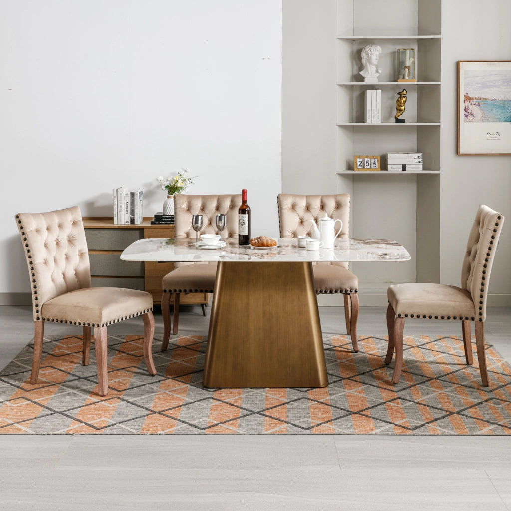 Sedia da pranzo in velluto con borchie decorative e anello cromato, Legno massiccio, Beige chiaro