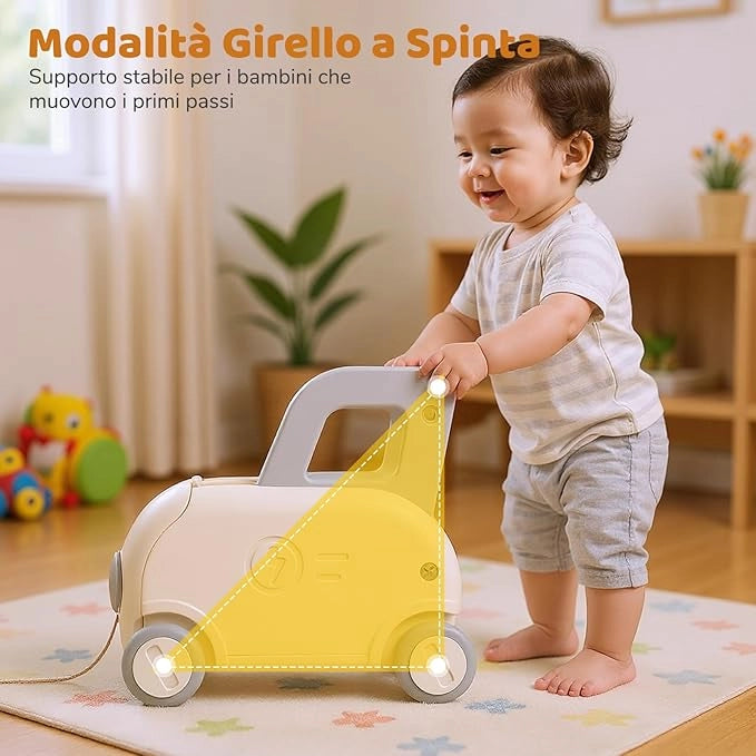 Girello Primi Passi per Bambini, Carrello a Spinta con Contenitore, Sedile Ribaltabile e Ruote, Organizzatore per Giocattolo, per Cavalcare, Camminare e Trainare, per Bambini 18-36 Mesi