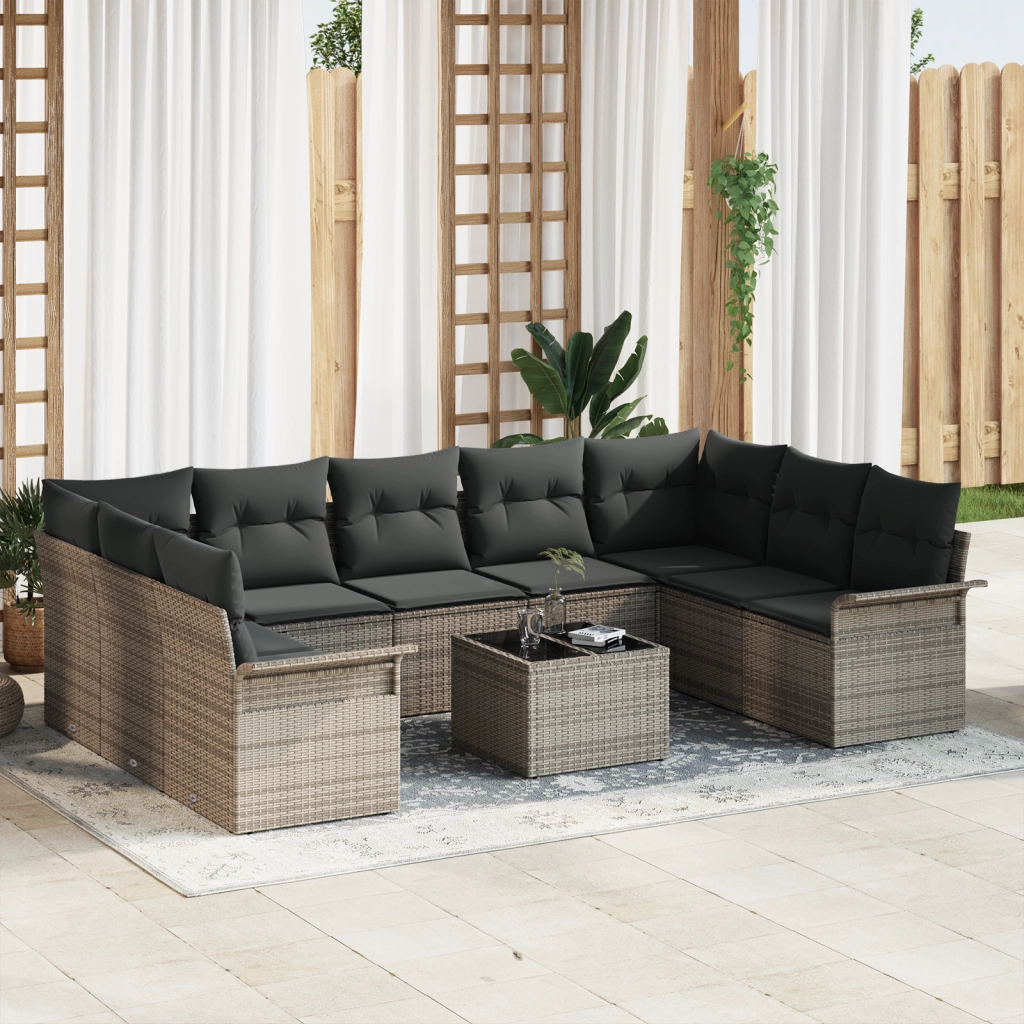 Set divano da giardino 9 pezzi con cuscini Grigio Polyrattan