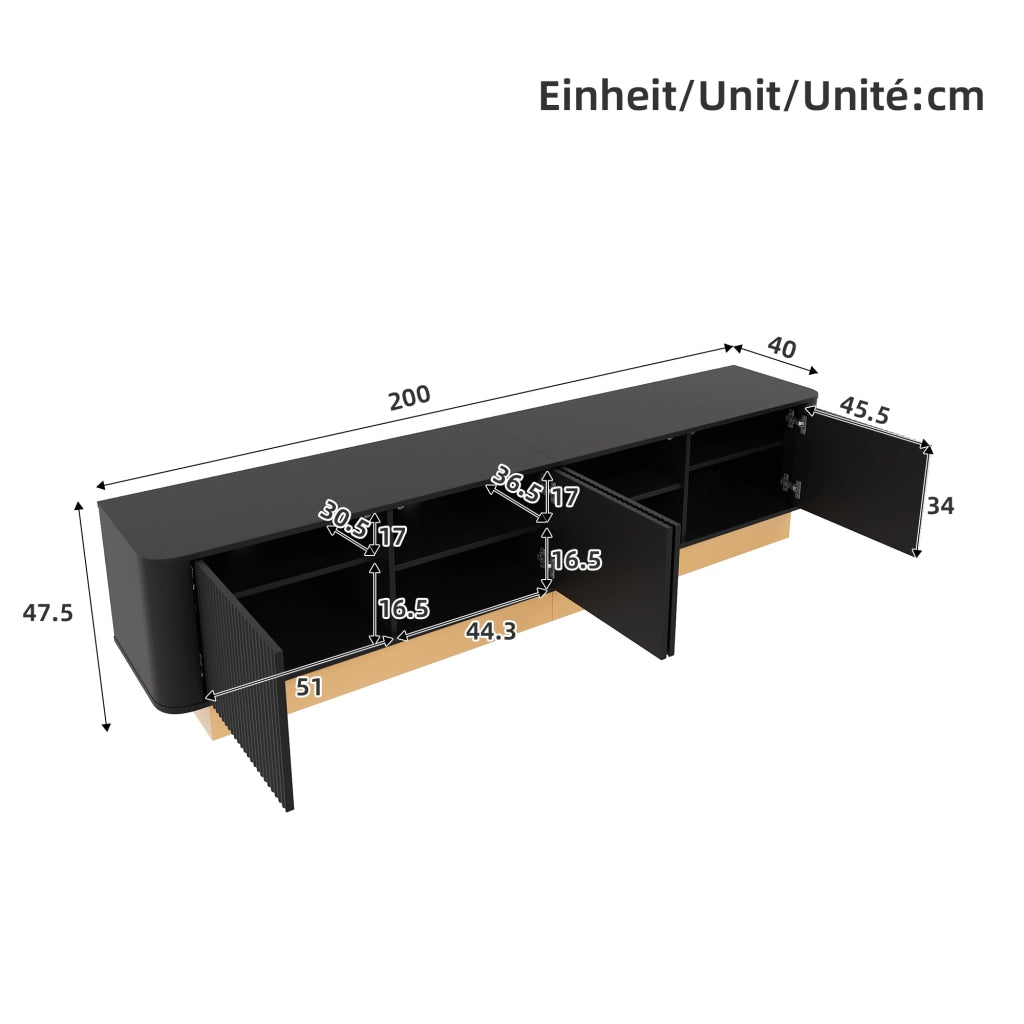 Mobile TV con ante scanalate e ripiani regolabili 200 x 40 x 47;5 cm; MDF nero