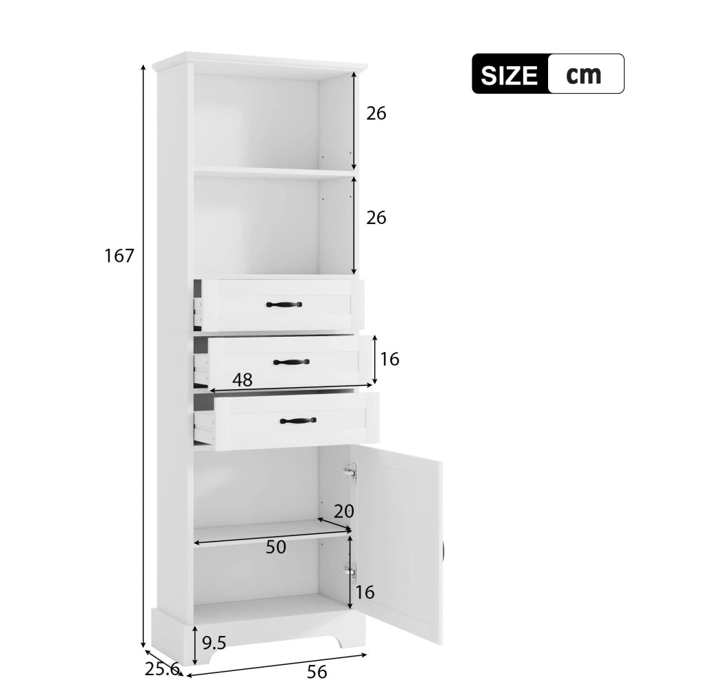 Mobile bagno alto 56x25;6x167 cm in MDF bianco con 3 cassetti e ripiani regolabili