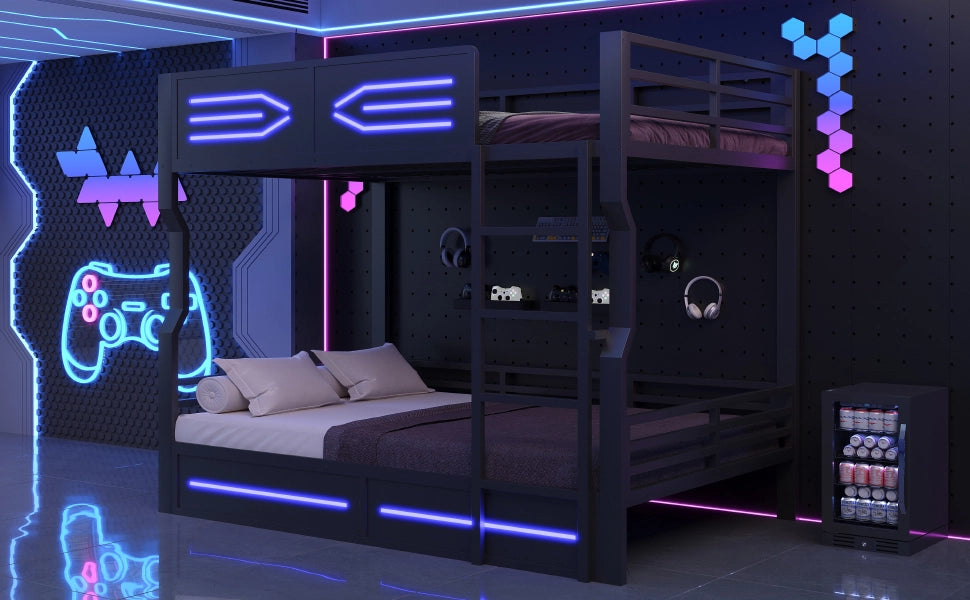 Letto a castello 140 × 200 cm con illuminazione LED, barriere di sicurezza, senza materasso, in MDF e metallo, nero