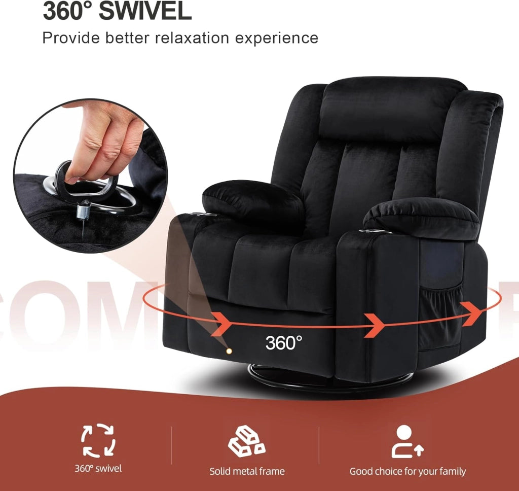 Poltrona Reclinabile Girevole per Adulti con Schienale e Poggiapiedi Regolabili, Poltrona 360° da Salotto, Portabicchieri, Tasche Laterali, Tessuto Morbido, Supporto Ergonomico, Nero