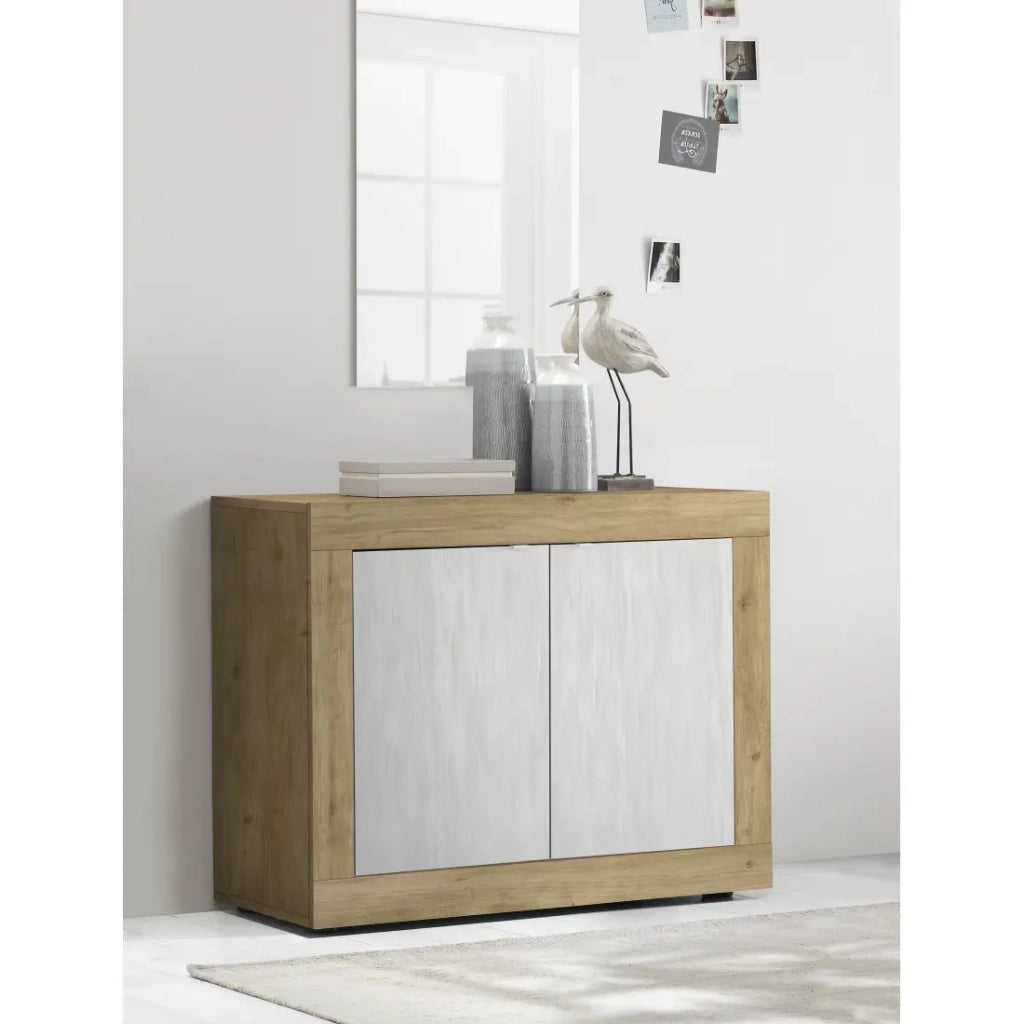 Buffet a 2 porte collezione ACCESS. Colori bianco e rovere chiaro.