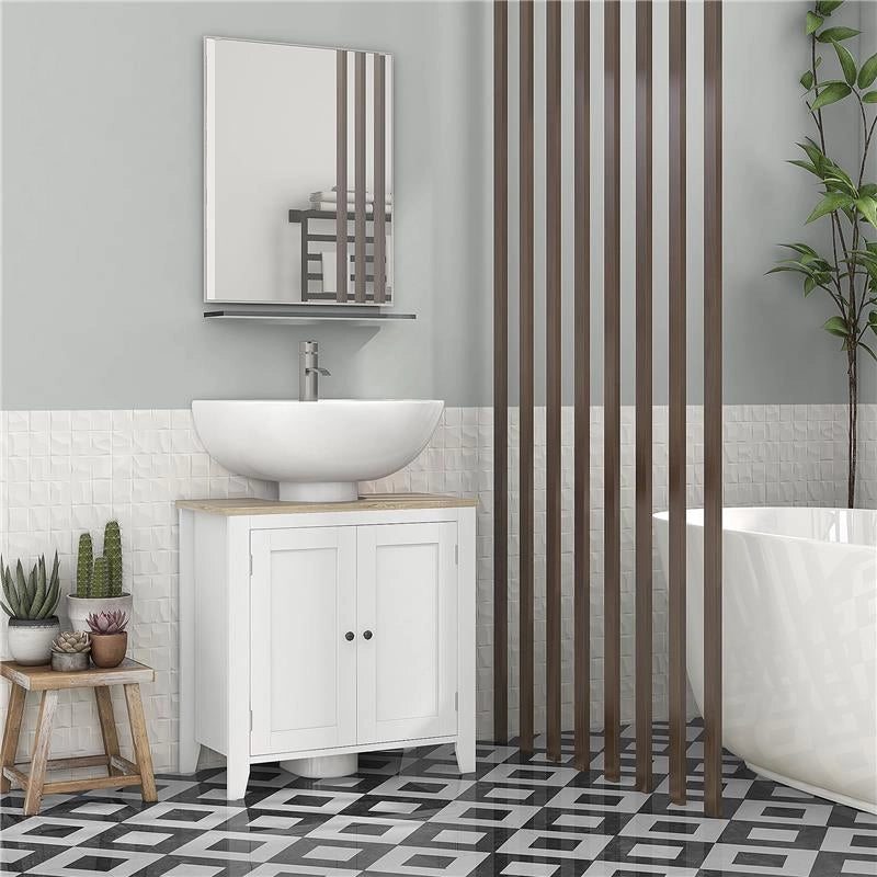 MOBILE SOTTOLAVABO BAGNO A U CON RIPIANO REGOLABILE INTERNO, IN MDF, 60X30X60 CM, BIANCO E COLOR LEGNO