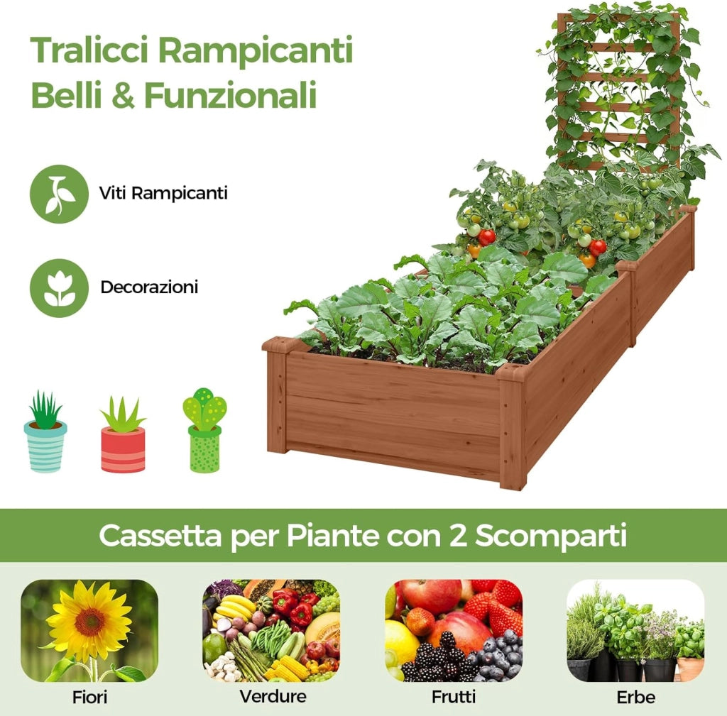 Fioriera da Esterno e Traliccio, Letto Rialzato in Legno per Fiori, Erbe, Verdure, Frutta e Viti Rampicanti, Aiuola Elevata da Giardino con Spalliera, 235CM x 63CM x 102CM (Marrone)