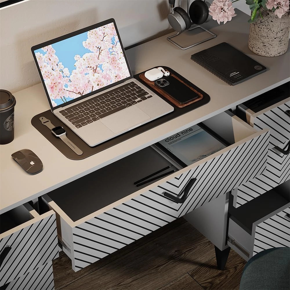 Scrivania Anett, Grigio, 150 x 45 cm con 7 cassetti, adatto per l'uso come postazione di lavoro o ufficio domestico