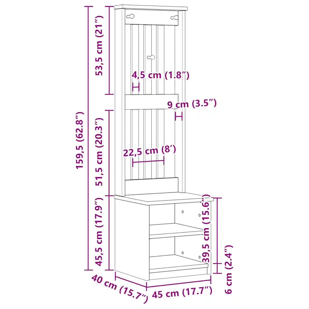 Albero da Ingresso SANDNES 45x40x159,5 cm in Legno di Pino 4010479