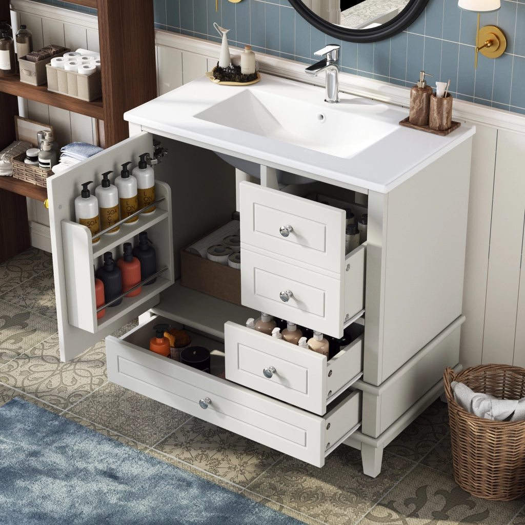 Mobile sottolavabo con 3 cassetti e anta; lavabo in ceramica - bianco - 81×47×86 cm