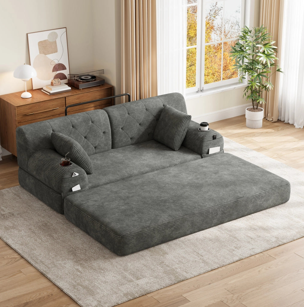 Divano letto compatto in velluto a coste grigio scuro con tasche