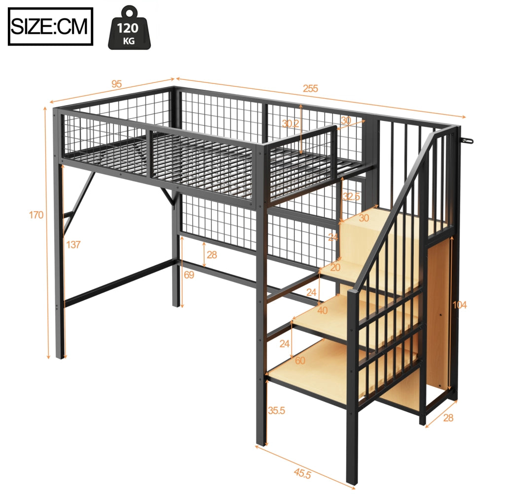 Letto a soppalco in metallo 90x200 cm con LED App; scala con contenitore; nero