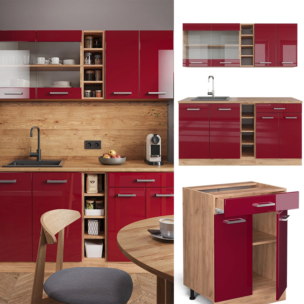 Vicco Cucina completa Rosso lucido/rovere dorato 160 cm , PL Rovere