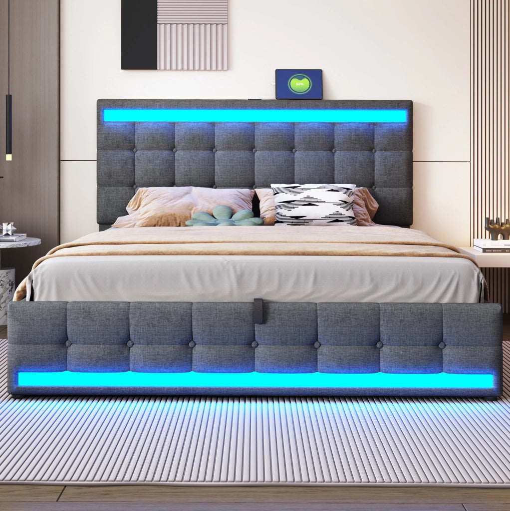 Letto imbottito grigio 180 x 200 cm con LED RGB e USB