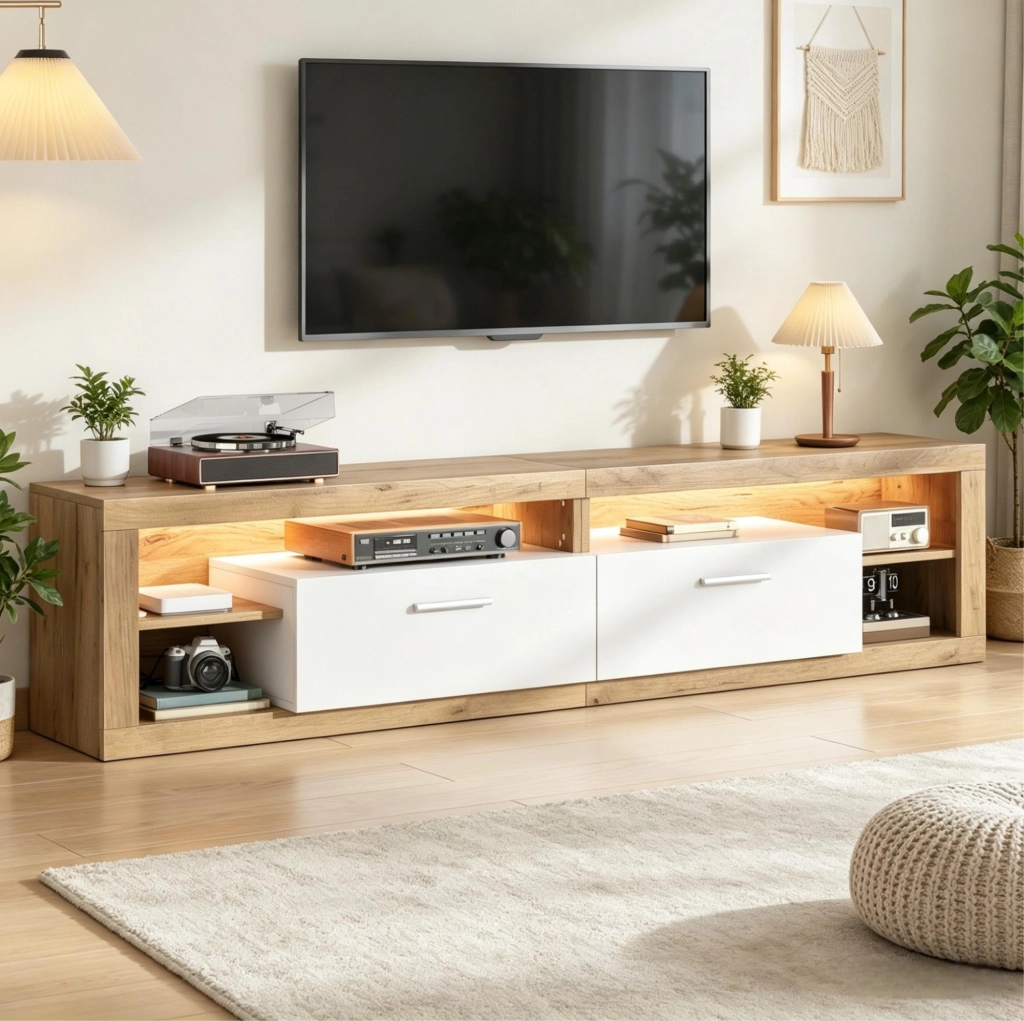 Mobile TV 180x35,5x50 cm con LED controllati da app, 2 cassetti e 4 vani aperti