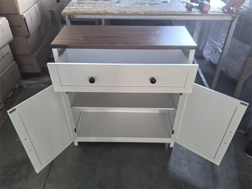 Credenza multifunzionale in stile country con cassetto, ante a fienile e ripiano regolabile, bianca