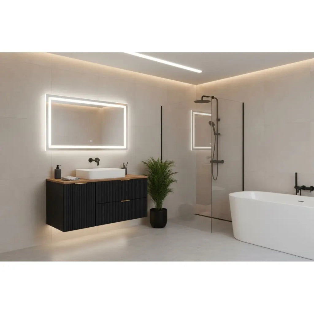 Mobile sottolavabo NOXERA 100 cm – Nero opaco & rovere – 2 cassetti + cestino + piano per lavabo