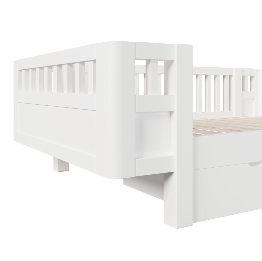 Letto pedana per bambini 90x200 cm con sponde alte e due grandi cassetti, bianco