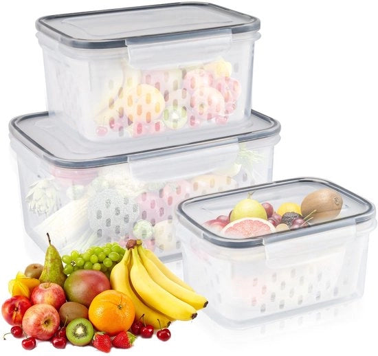 Set di contenitori alimentari 3 in 1 con coperchi, set di organizzatori per frigorifero di plastica per insalata di frutta e verdura, contenitori alimentari con griglia per asciugatura 0,85L + 1,75L + 3,3L (grigio)