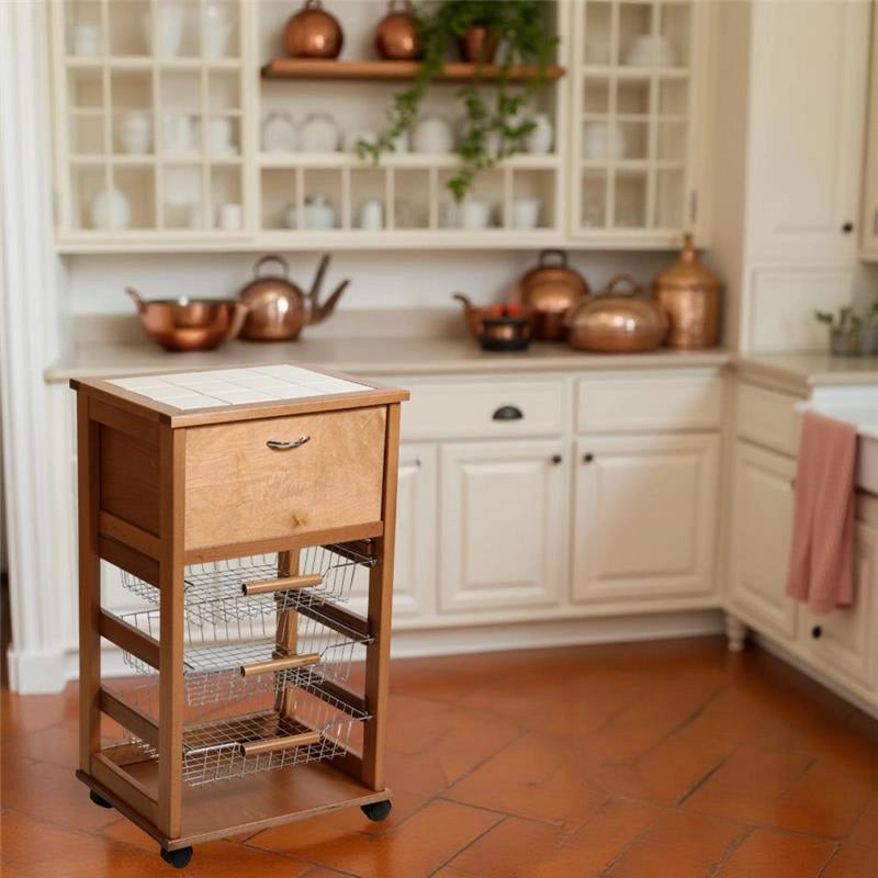 CARRELLO VESUVIO PORTAPANE ROVERE IN FAGGIO BASE INFERIORE MULTISTRATO DI BETULLA 1 CASSETTO 3 CESTELLI PIANO MATTONELLE IN CERAMICA