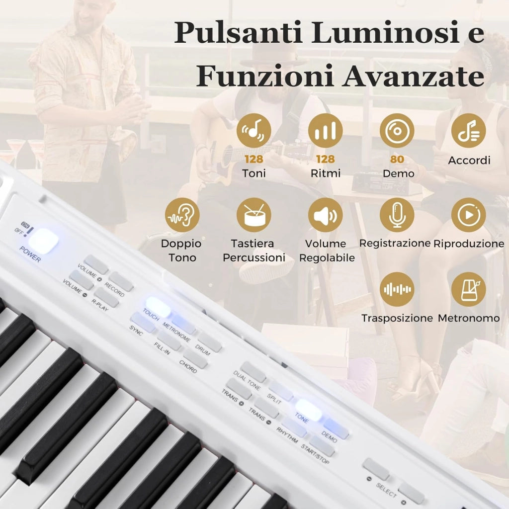 Tastiera Pianoforte Elettrico a 88 Tasti, Piano Digitale con Supporto e Sgabello Regolabili, Tastiera Sensibile, Tasti e Pulsanti Illuminati, Funzione MIDI, Pedale di Sustain, Cuffie (Bianco)