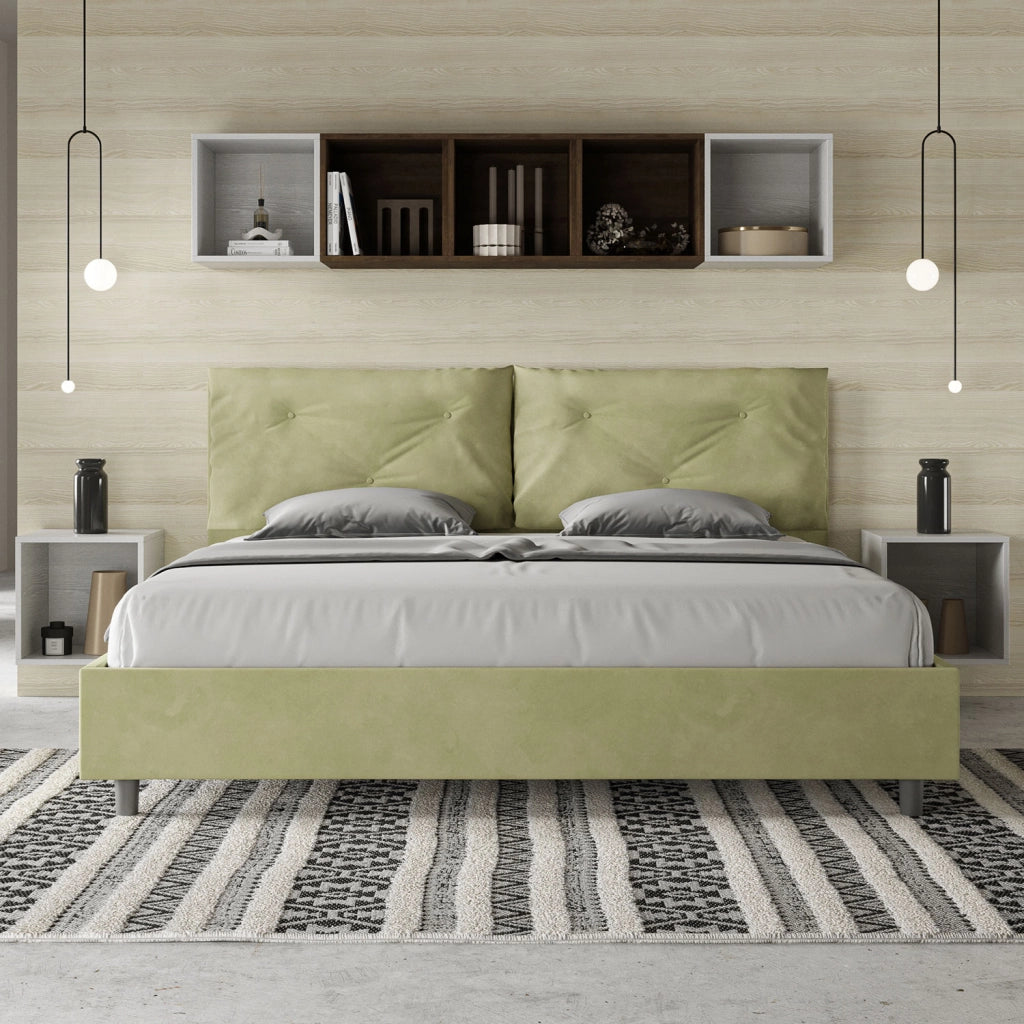 BS COM Letto matrimoniale king size con rete imbottito 200x200 microfibra tè verde