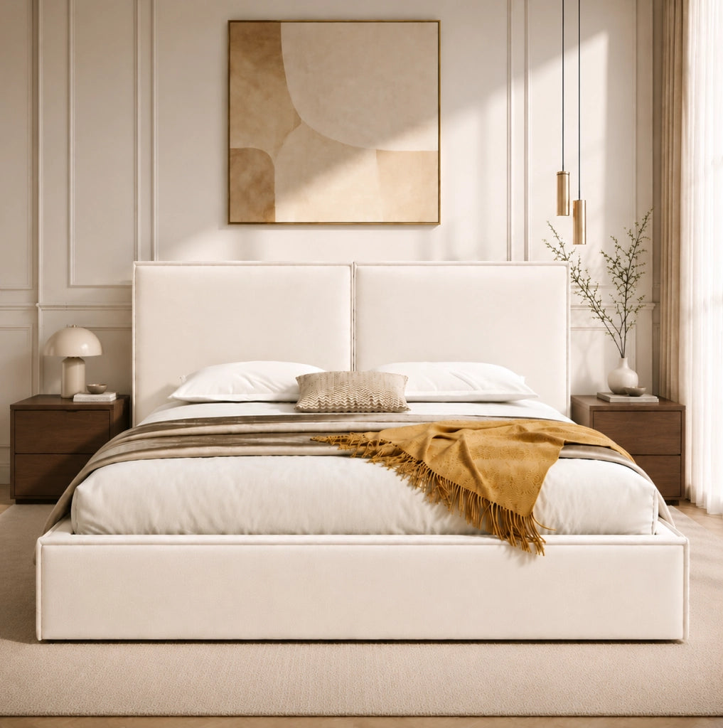 Letto matrimoniale con contenitore idraulico; rete a doghe inclusa; 180x200 cm; beige