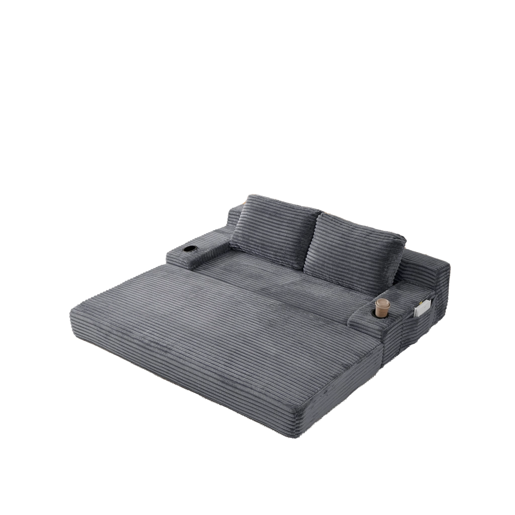 Divano letto 2 in 1 con portabevande in velluto a coste grigio