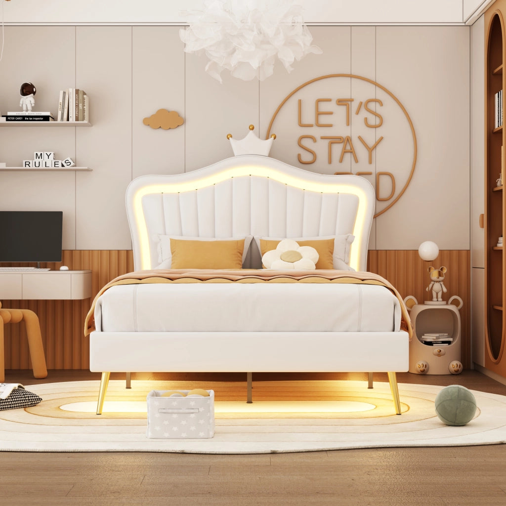 Letto per Bambini 90 x 200 cm e 140 x 200 cm; con LED e Testiera Regolabile; senza Materasso; Bianco