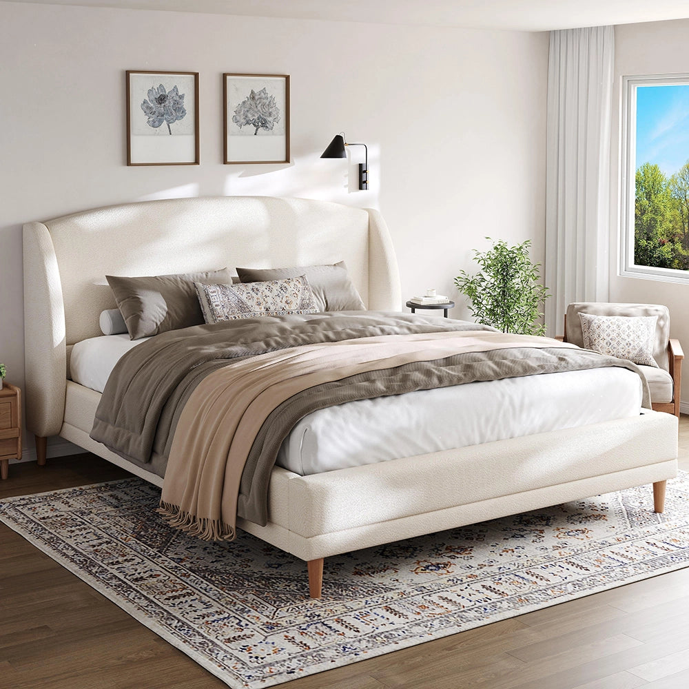Letto imbottito con testiera a orecchie - Xylo - 140¡Á190 cm - Bianco avorio - Design curvo con rete a doghe solide e piedi in legno di gomma