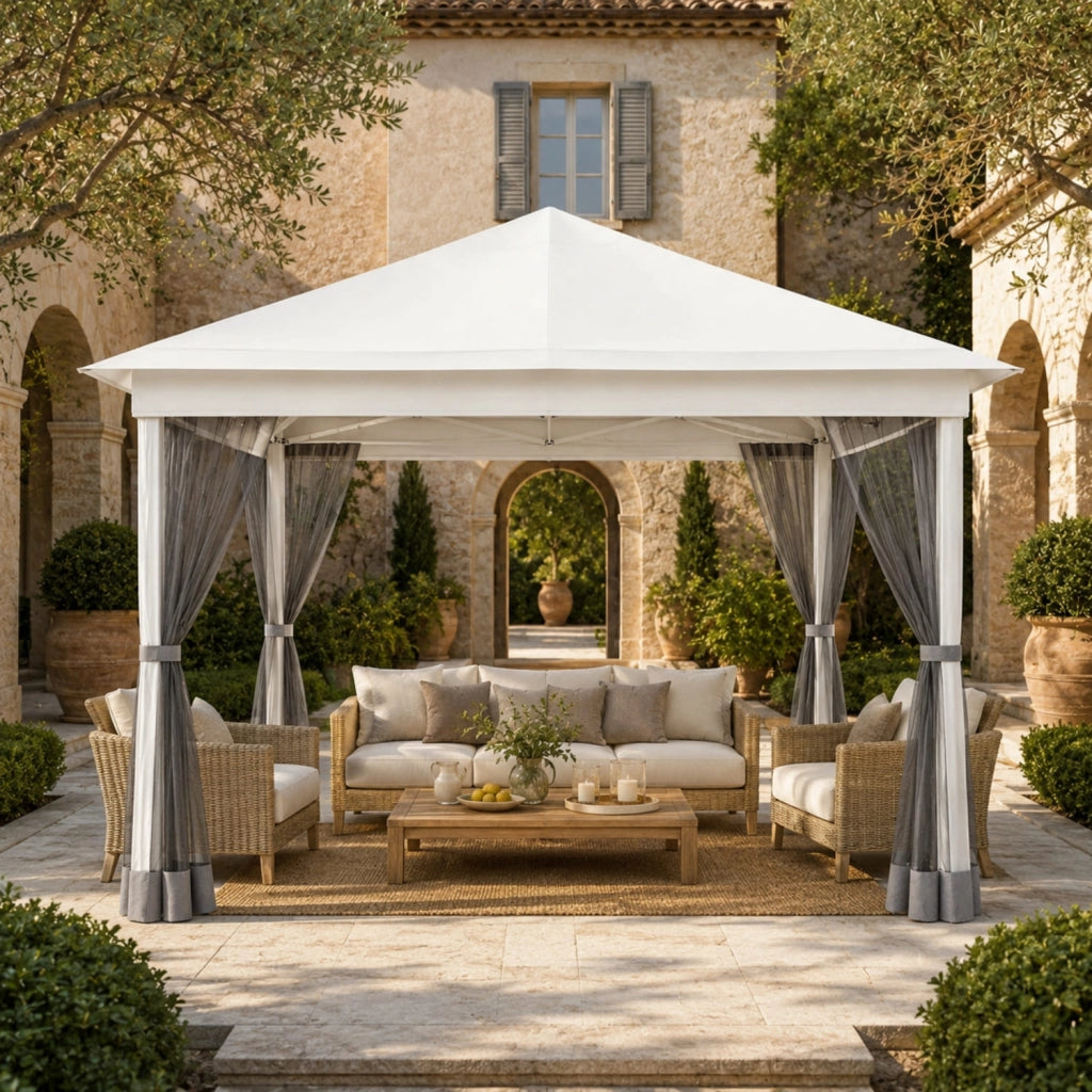 Gazebo Pieghevole Da Giardino Con Teli Zanzariera Laterali Copertura Oxford UV50+ Telaio Regolabile Pop Up Con Borsa Trasporto Outdoor 360 x 360 x 310 Cm Bianco