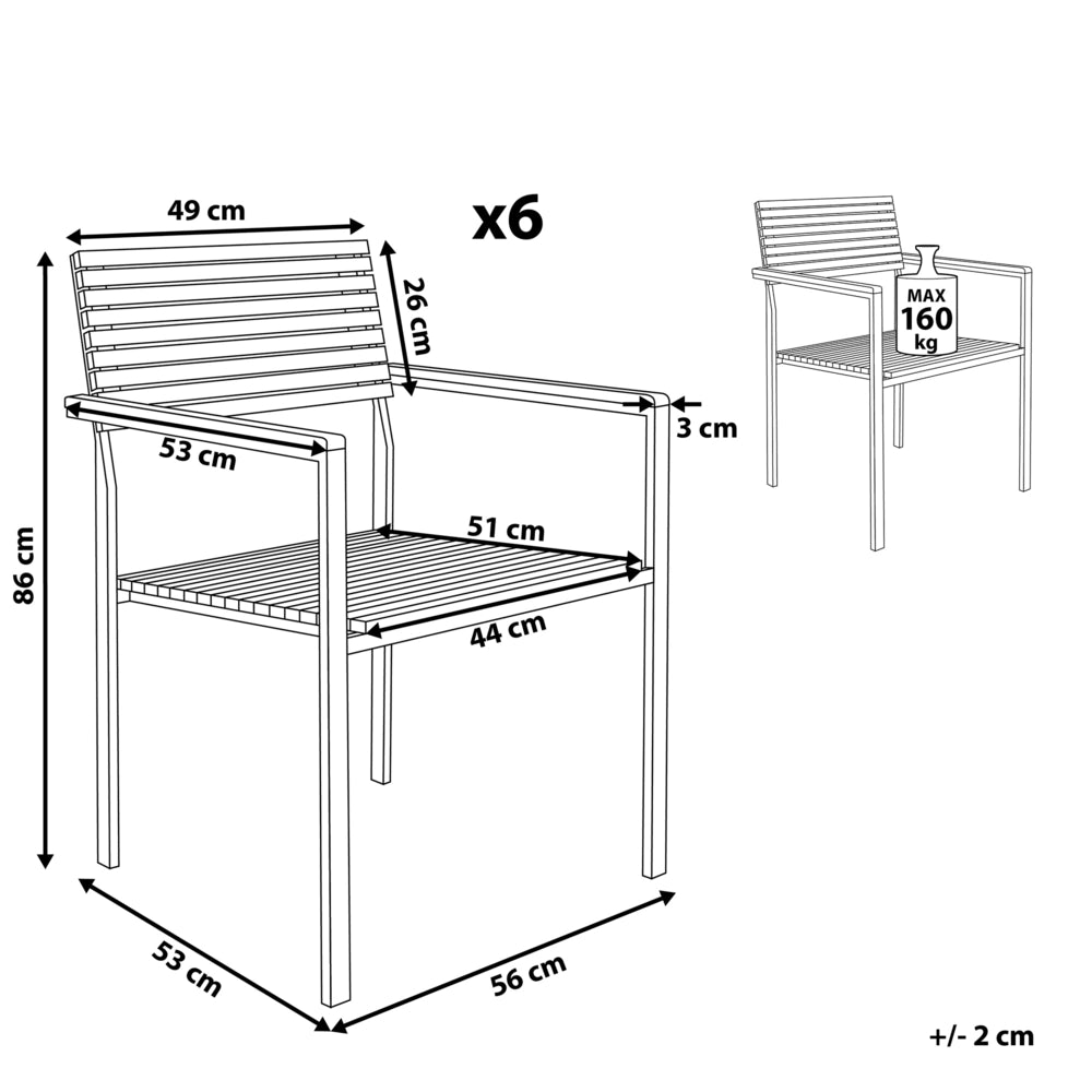 Set da pranzo da giardino da 7 pezzi in legno di teak chiaro con struttura in metallo argento 6 sedie