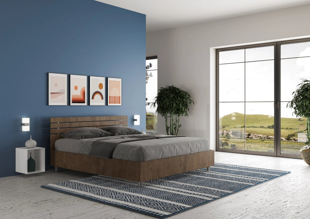 Letto Matrimoniale 160x190 cm con Rete e Contenitore Testata Doghe Dritta Ankel Noce