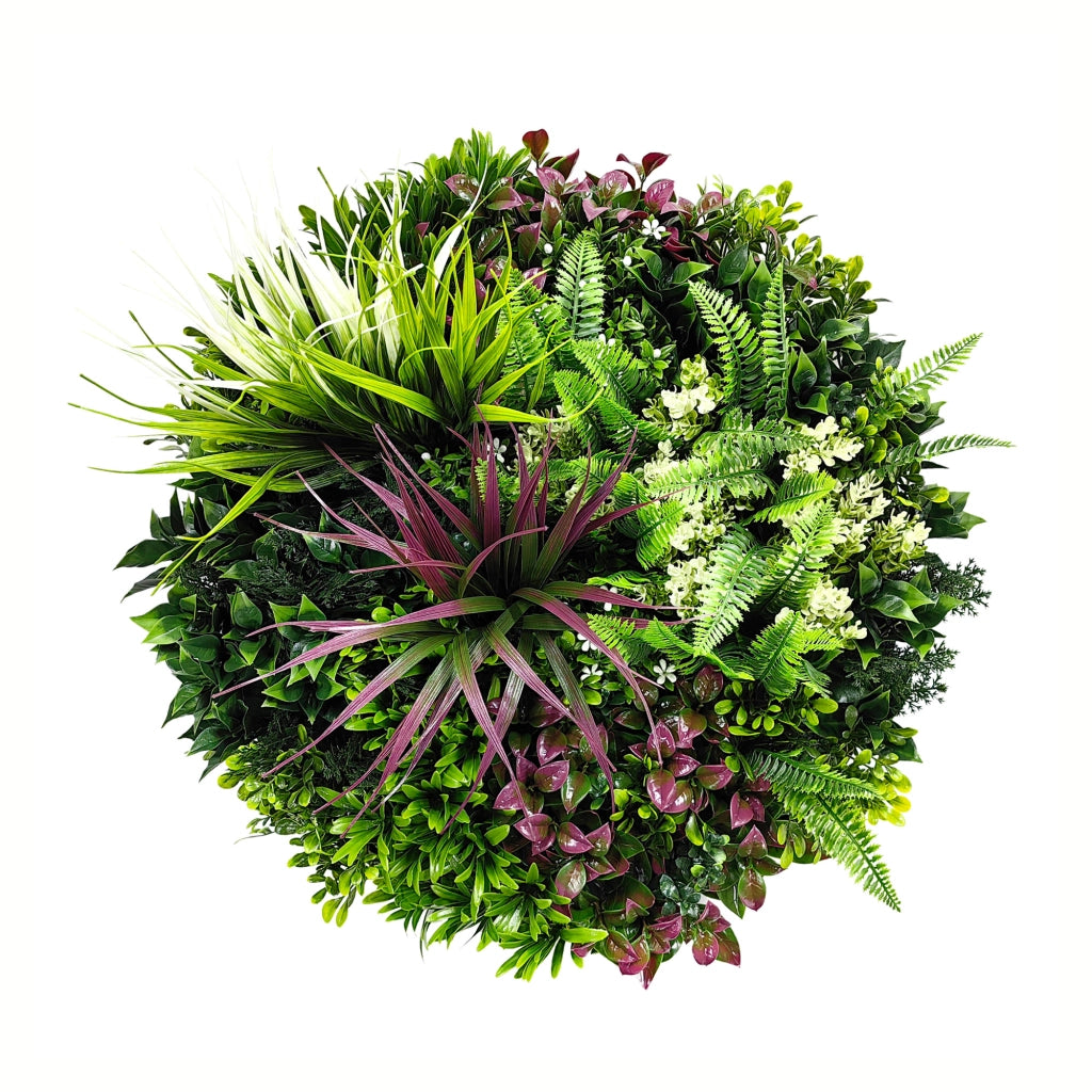 Iris - Quadro vegetale rotondo Ø50 cm con foglie e fiori in PE cornice in alluminio nera
