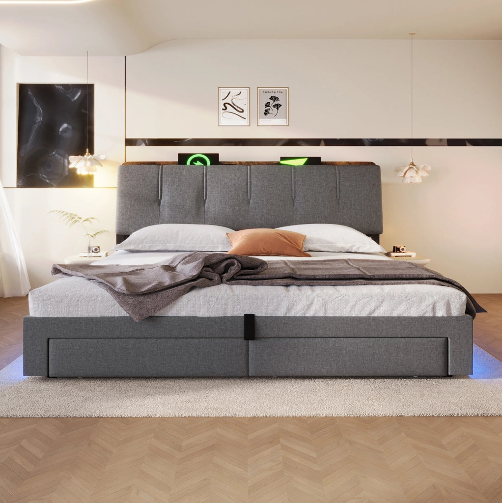 Letto matrimoniale imbottito 180x200 cm in lino grigio con contenitore; USB e LED