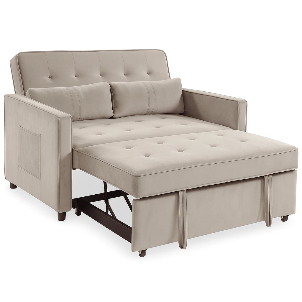 Divano Letto 2 Posti in Velluto Soft con Letto Estraibile e Struttura Rinforzata Beige