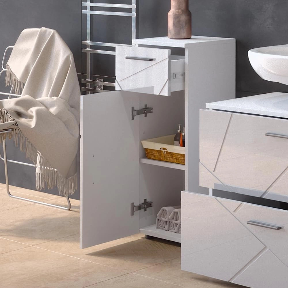 Mobiletto bagno Irma, Bianco lucido, 30 x 81 cm, per la conservazione in bagno, abbinabile alla serie Irma